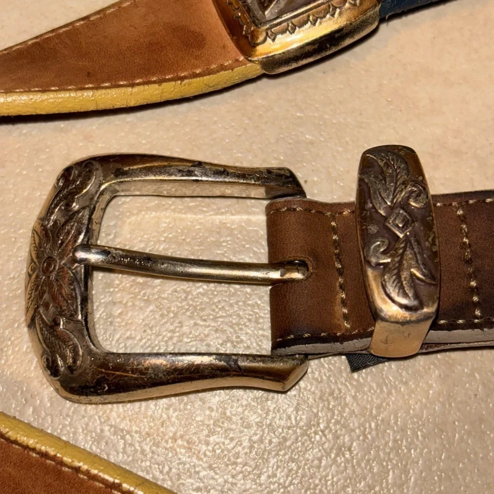 1993 Vintage Brighton multi color Leather Western Belt with Floral Ornate Buckle